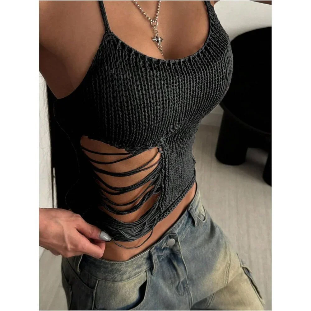 Women's Black Acrylic Knitted Crop Top Sleeveless Tie Back Y2K Style - Picture 2 of 5